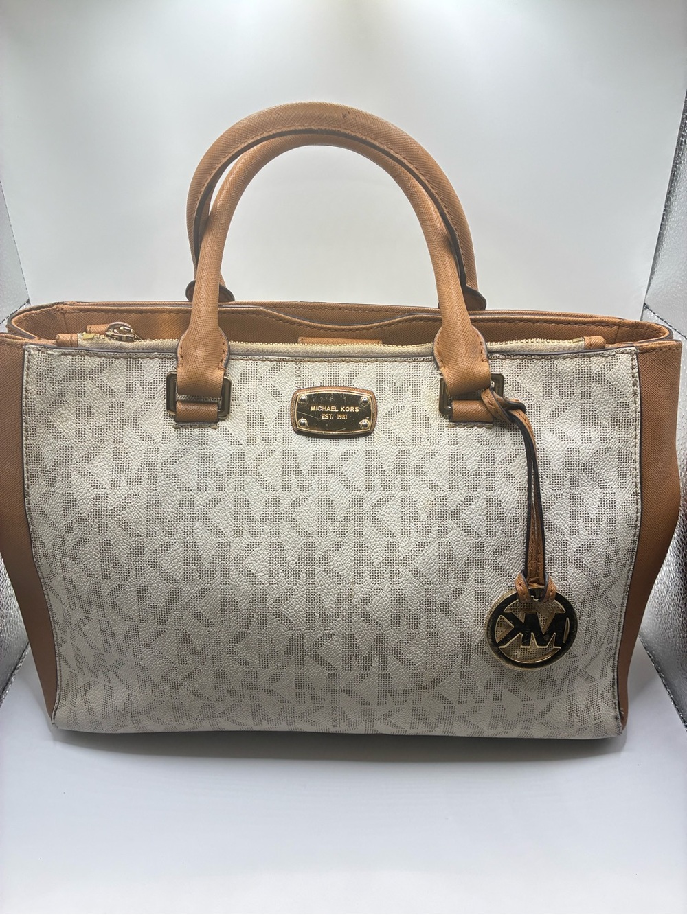 Michael Kors Cream and Tan MK Logo Satchel